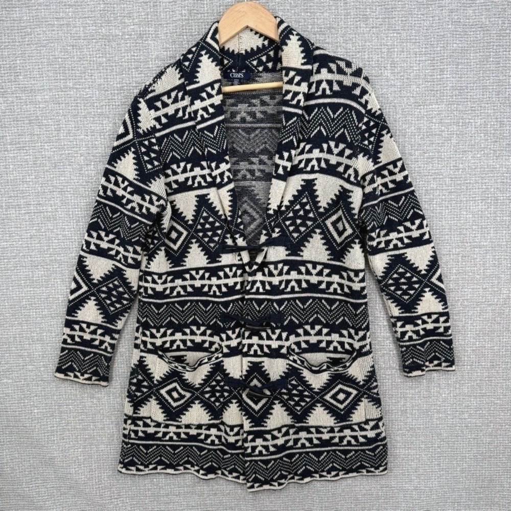 Chaps Aztec Shawl Collar Toggle Cardigan Sweater Mens Sl Navy BLUE White Boho